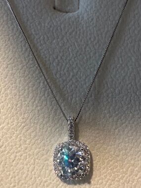 2.14CTW Sterling Silver Cushion Cut Moissanite Diamond Halo Pendant Necklace